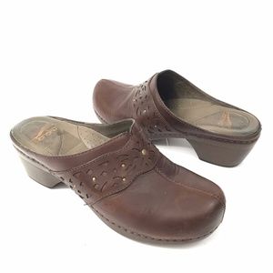 Dansko Floral Laser Cut Brown Leather Mule Clogs